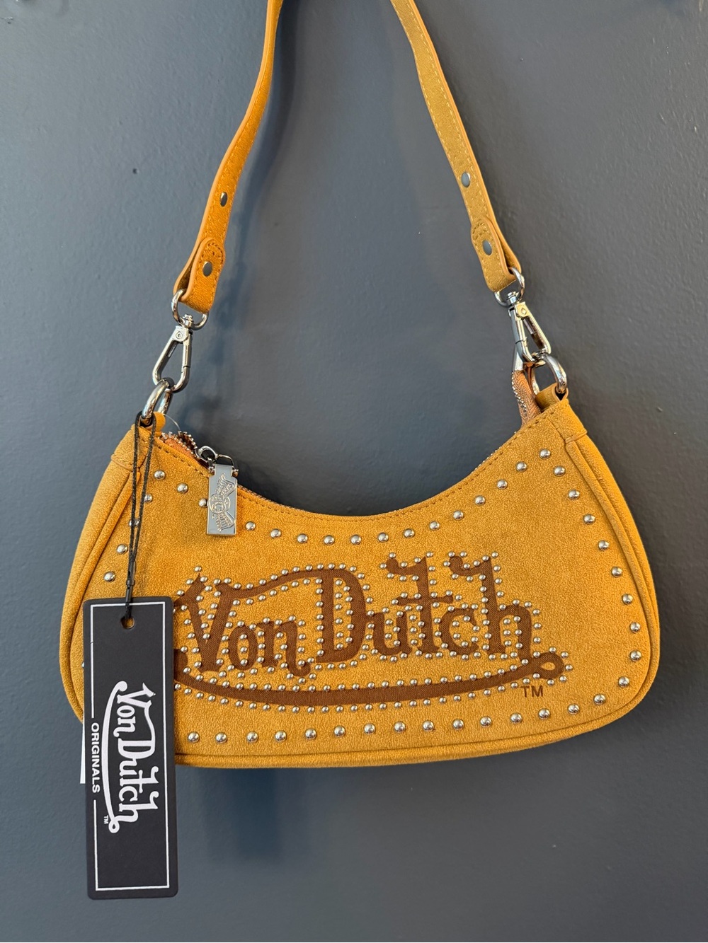Von Dutch Mustard Suede Studded Shoulder Bag